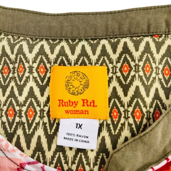 Ruby Rd. Womens Aztec Print Button-Up Blouse 1X Rayon Multicolor - Picture 2 of 5